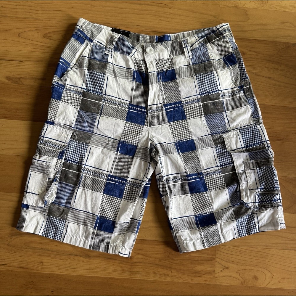Carbon Plaid Cargo‎ Shorts NWT Blue Gray 100% Cotton Skater Baggy Y2K Grunge 34